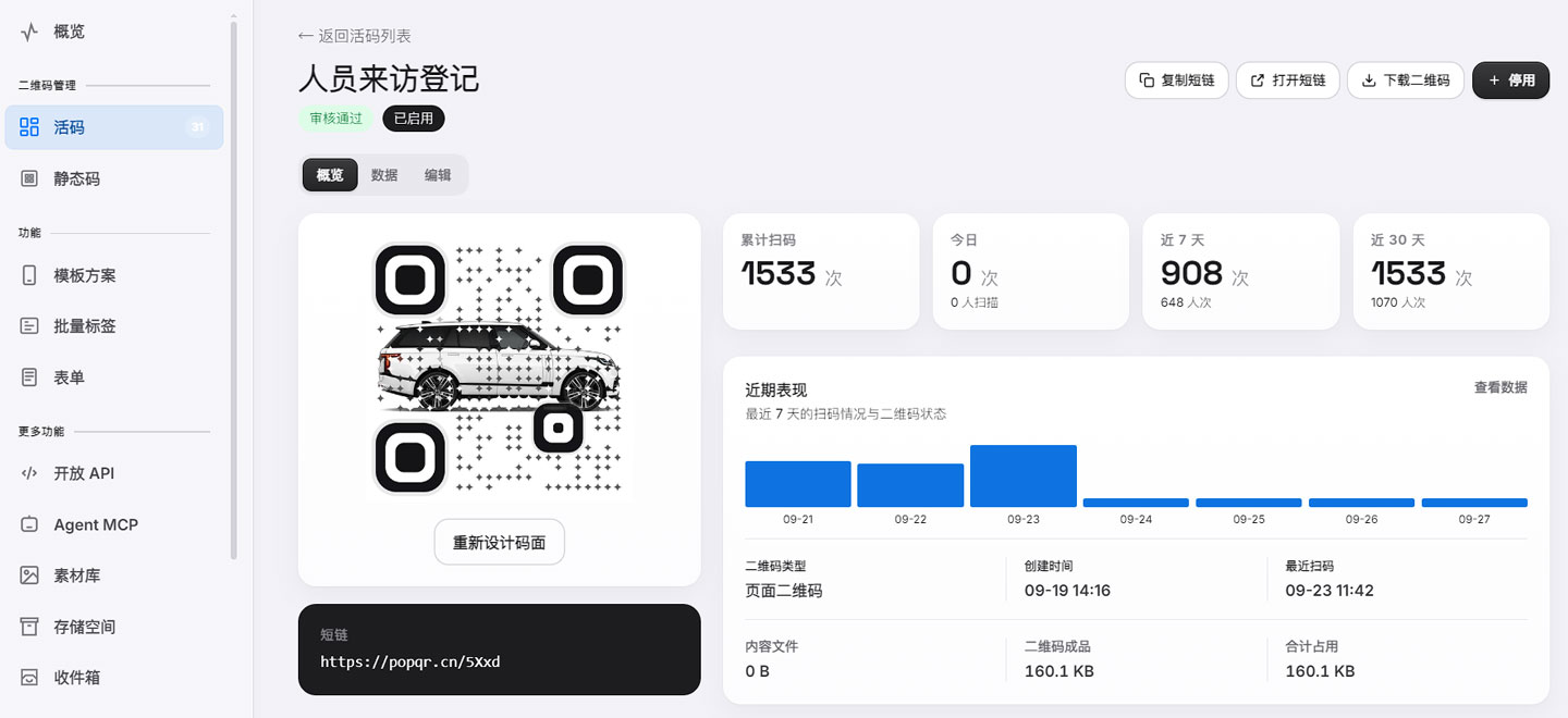 活码详情中的状态、短链、下载、数据与编辑入口